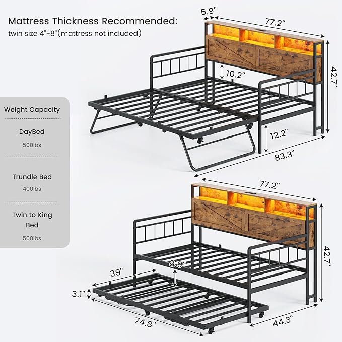 VIAGDO Day Bed with Trundle Bed Twin, Wood Day Bed with Hidden Storage Headboard, Farmhouse Daybed with Charging Station and LED Lights, Twin to King Daybed for Living Room, Guest Room, Rustic Brown