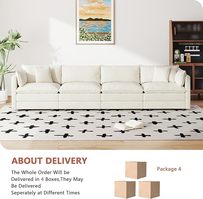 Setawix Chenille Cloud Couches for Living Room,4 Seater Cloud Sofa Couch with Deep Seat,147.22" Roomy Cloud Sofas,Modular Sectional 4 Seat Sofa with Pillows for Bedroom (Beige, 4 Seater)