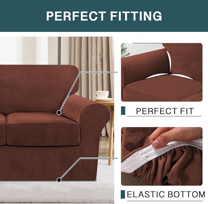 FantasDecor 2 Piece Chair Sofa Covers Velvet for Living Room Slipcovers with Individual Cushion Elastic Furniture Protector for Pets, Machine Washable (Armchair, Burnt Brick)