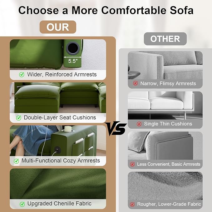 116" Modular Sectional Sofa, L Shaped Cloud Couch with Movable Ottoman, Chenille Deep Seat Cloud Sofa with Charging Station, Cup Holder, Side Pocket, Sectional Couches for Living Room, Green