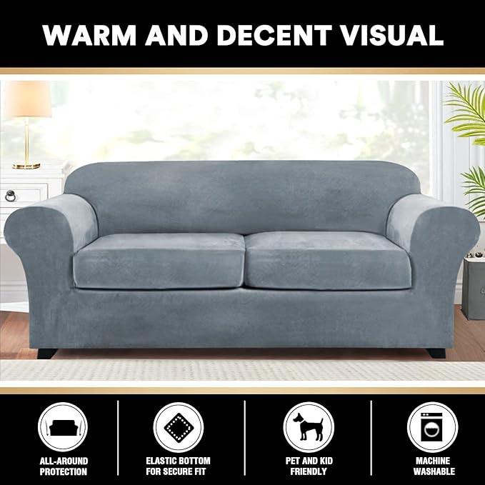 PrinceDeco Couch Cover Velvet Plush Sofa Covers for 2 Cushion Couch Width Up to 90 Inch Washable Furniture Protector Pet Friendly No Slip Sofa Slipcover(Medium-Large,Stone Blue)