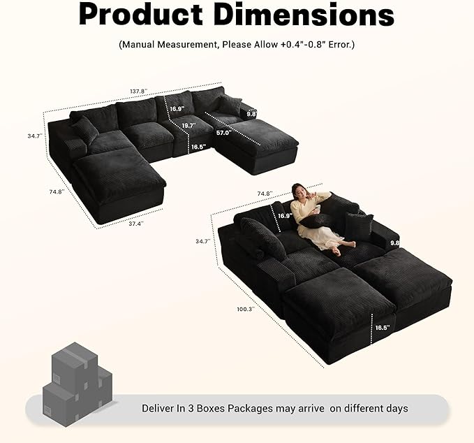 137.8” Sectional Couches for Living Room, Set of Cloud Couch, Modular Sectional Sofa, Convertible Sofas Bed, Deep Seat Sofa, U Shaped Cozy Sofa Furniture Set, Corduroy, Black