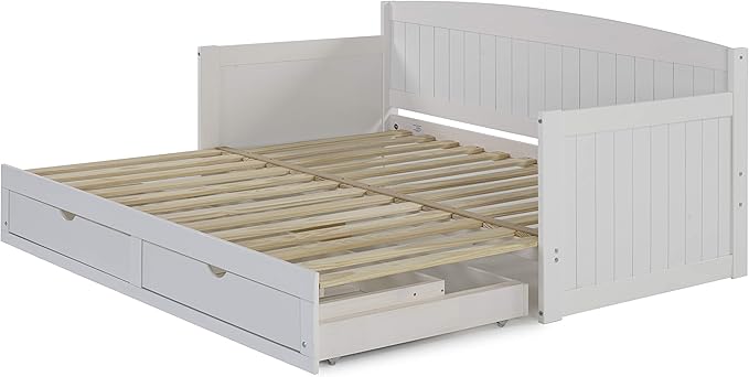 Alaterre Furniture Harmony Twin to King Daybed with Pop Up Trundle Bed - Solid Wood Twin Day Bed with 2 Pull-Out Storage Drawers and 400lb Capacity - For Kids, Guest Room, Living Room (White)