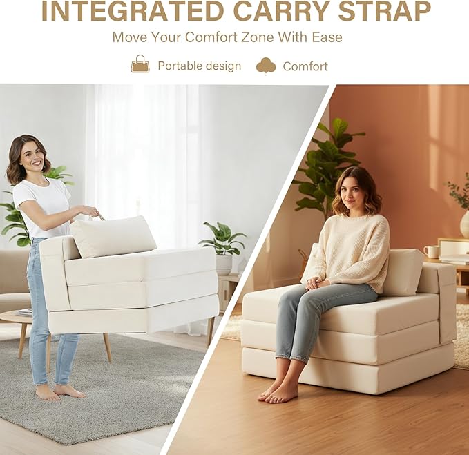 Tiita Folding Sofa Bed Chair, 4-Fold Convertible Sleeper Chair with Lumbar Pillow, Washable Cover & Side Pocket, Floor Couch Bed with Raised Seat, Single Size for Small Spaces, Beige