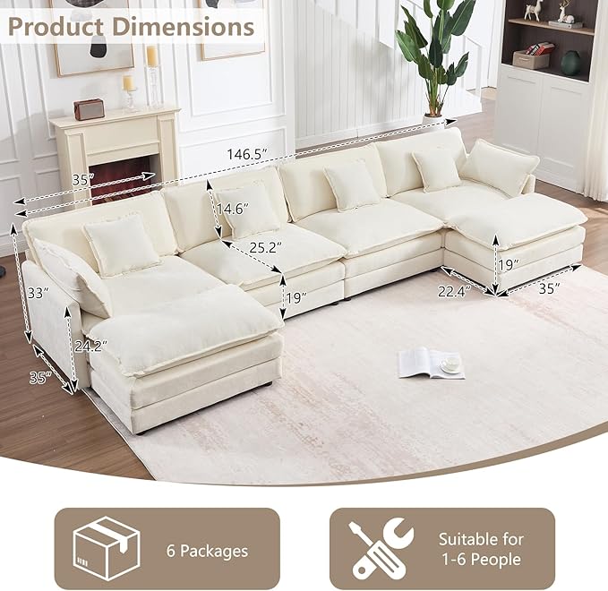 147" Modular Sectional Sofa, Oversized U Shaped Sectionals Cloud Couch, Big Comfy Couch with 2 Ottomans, 6 Seater Chenille Sectional Sofa with Deep Seat and 6 Pillows for Living Room- Beige