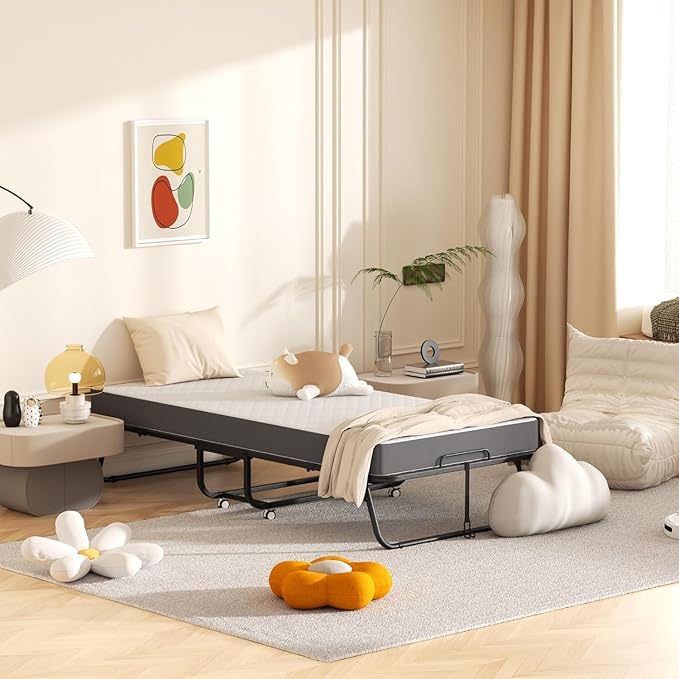 SUNCROWN 75” x 31” Folding Bed with Mattress, Portable Rollaway Bed, Space-Saving Sturdy Metal Frame, Fold up Bed with 5" Memory Foam Mattress, Fold Up, Roll Away, Hideaway, Office, Apartment