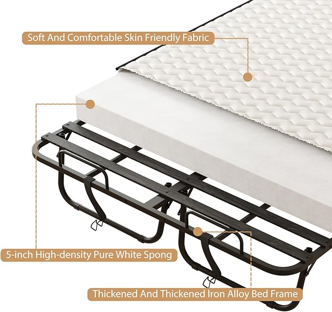 79" x 59" Full Size Folding Bed with Mattress for Adults, 5 Inch Memory Foam Mattress, Portable Foldable Rollaway Guest with Strong Metal & Wood Frame