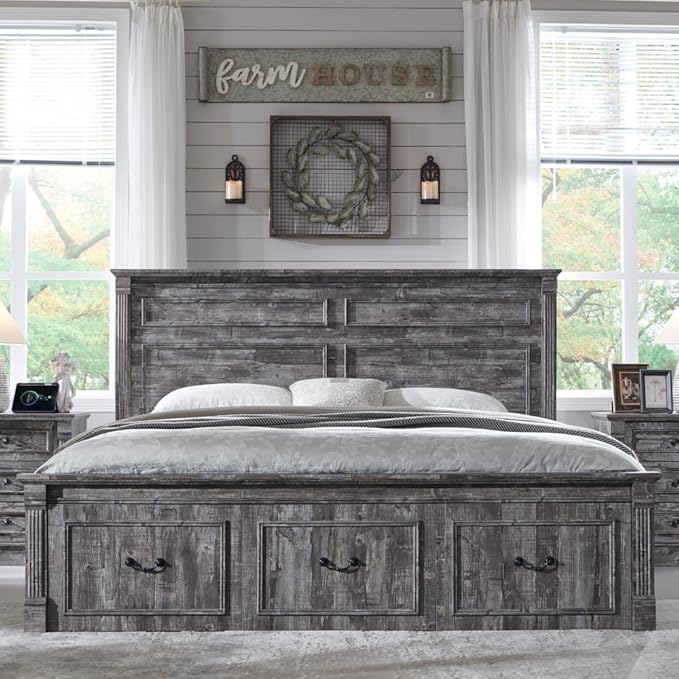 Aitjunz Farmhouse King Size Bed Frame with 51" Tall Headboard, Wood Platform Bed Frame with 20" Tall Roman Column Decoration Footboard & 3 Large Storage Drawers, No Box Spring Needed (Light Grey)