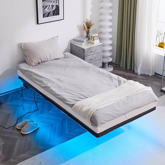 VINGLI 14 Inch Twin Floating Bed Frame with USB Charging Station/LED Lights, Single Platform Bed Foudation Base Heavy Duty Metal Slat, No Box Spring Needed,Black
