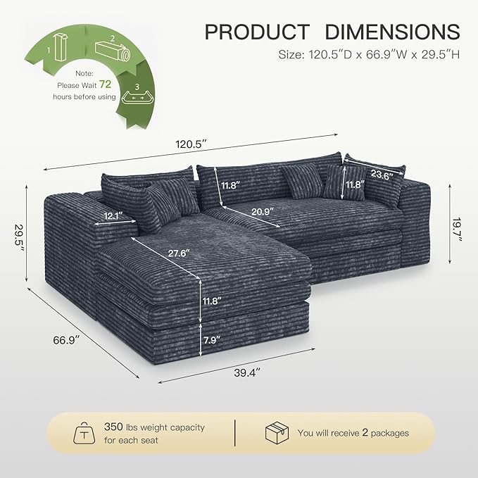 Belffin Plush Corduroy L Shaped Couch with Deep Seat Boneless Modular Sectional Cloud Boneless Couches for Living Room. Left Facing Chaise. Grey Sofa