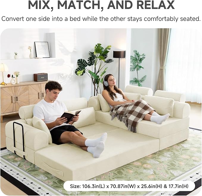 106” L Shaped Boneless Sectional Couch, Two 70.87” Pieces Convert to 141.7” Extra Long Straight Sofa, Corduroy Couch in a Box with Headrest and Back Pillows for Apartment Living Room, White