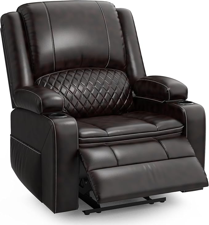 Oversized Manual Recliner Chair, 3X Recliner Home Theater Seating, RV Recliner Single Sofa with Storage, Cup Holder & Side Pocket, Reclining Chair for RV, Home Theater & Living Room (Single, Brown)