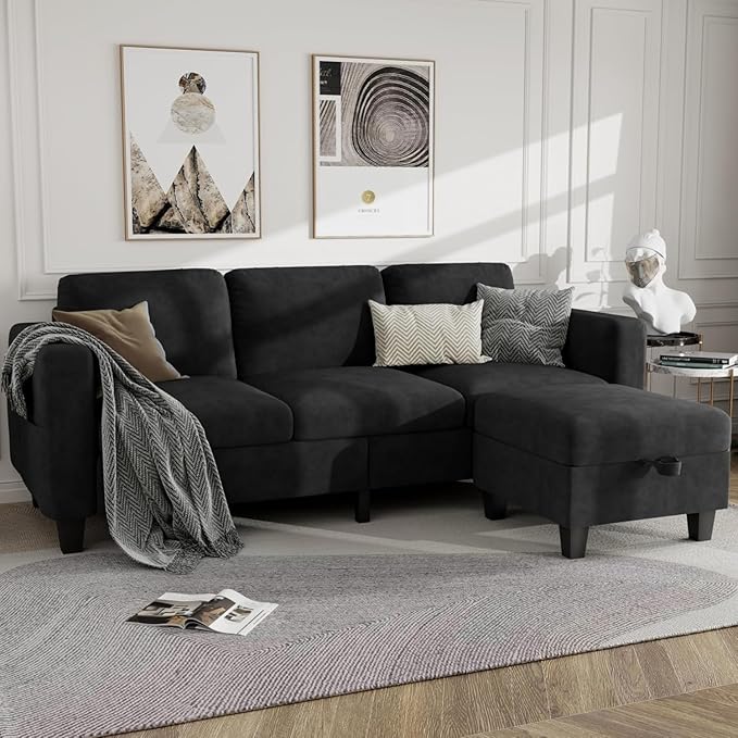 Sectional Sofa and Couches for Living Room - 78''L Shaped Black Velvet Couch-Pet Friendly Modular 3-Seater Convertible Sofas-Washable Covers-Suitable for The Living Room, Apartment or Bedroom
