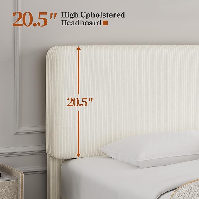 Yaheetech Full Size Bed Frame with Adjustable Headboard, Chenille Fabric Upholstered Headboard/Platform Bed, Full Bed Frame No Box Spring Needed/Wood Slats Support/Easy Assembly/Beige
