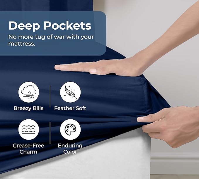 Royale Linens 100% Organic Cotton Fitted Sheet - Percale Weave - Super Soft Deep Pocket Bottom Sheets - Navy Elastic Sheet Queen Size - Queen Fitted Sheets Only - (60"x80"+15", Navy)