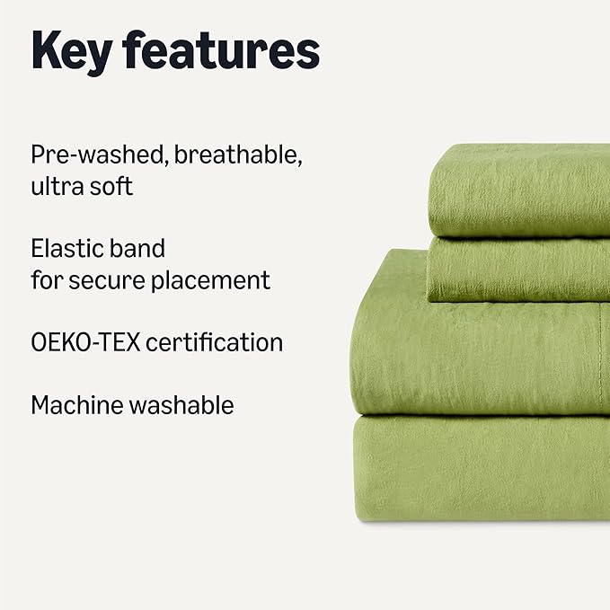 Amazon Basics Full Bed Sheet, 4-Piece Bedding Set, Double Brushed Microfiber, Ultra Soft, Easy Care, Green