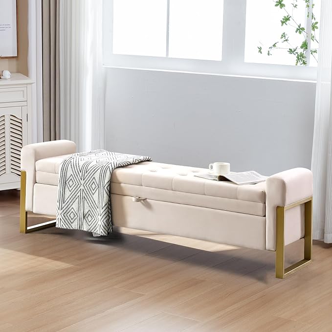 67" End of Bed Storage Bench King Size, Bench for Bedroom Foot of Bed, Upholstered Velvet Storage Ottoman with Gold Legs for Window Living Room, Beige