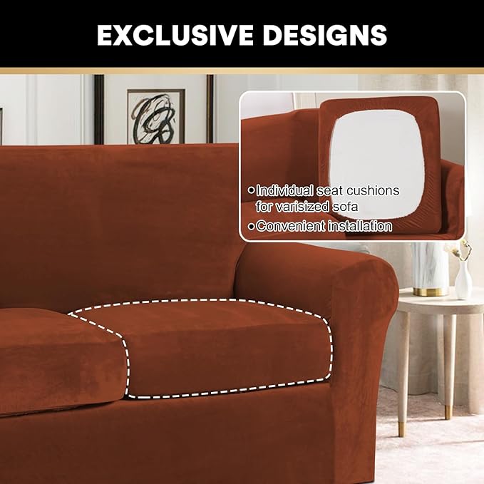 PrinceDeco Velvet XL Couch Cover for Oversized Sofa 4 Piece Sofa Covers for 3 Cushion Couch Washable Furniture Protector with Non Slip Elastic Bottom Width Up to 97 Inch (X-Large, Rust)
