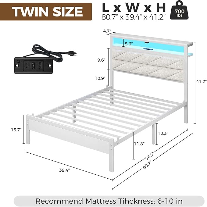 Seventable Bed Frame Twin Size with Charging Station, LED Bed with Upholstered Storage Headboard, Metal Platform Bed with Under Bed Storage, No Box Spring Needed, Noise Free, Easy Assembly, White