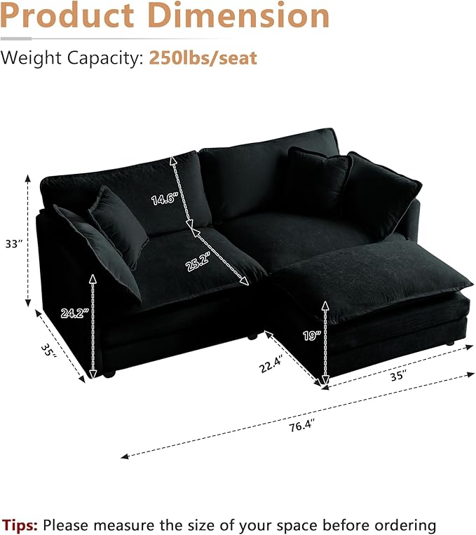 mikibama Modular Sectional Sofa, 76.4 Inch L Shaped Couch Set for Living Room, Loveseat Comfy Cloud Couches with Movable Ottoman, DIY Combination, Chenille, Black