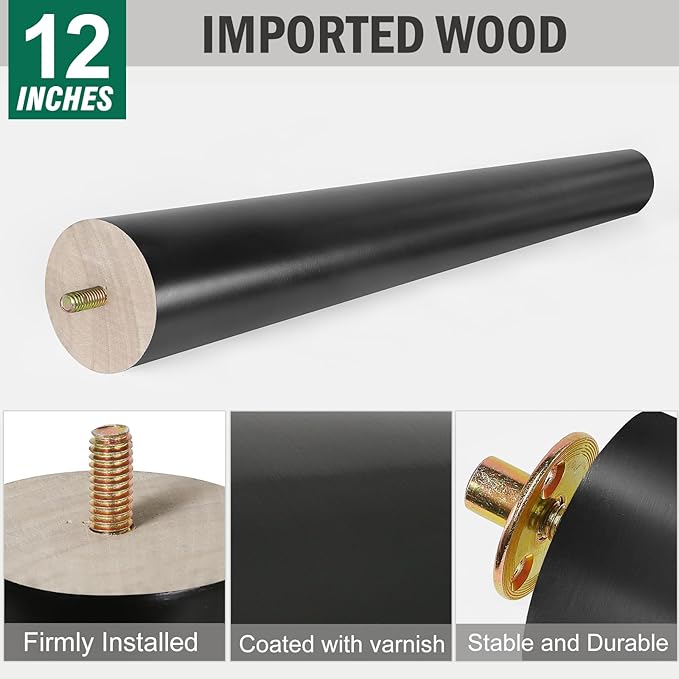 FoDau770 Black Rubber Wood Furniture Legs 12 Inches, Slant Tapered Wood Feet Mid Century Sofa Legs Set of 4, 5/16" UNC Furniture Feet Replacement Parts for Cabinet Couch Dresser Chair Ottoman Table