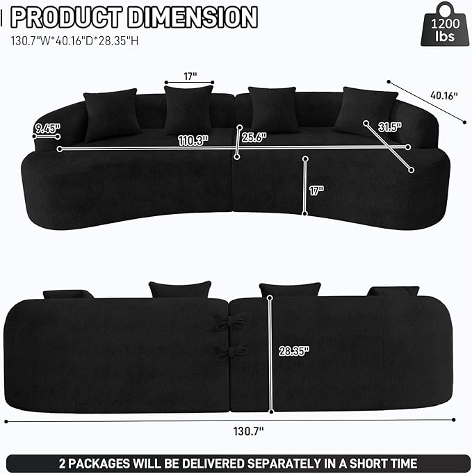 131" Curved Modular Sectional Sofa for Living Room, Modern Chenille Oversized Cloud Couch Sofa, Luxury Plush Extra Deep 4-Seater Boucle Couch for Apartment‌‌, No Assembly Required, Black