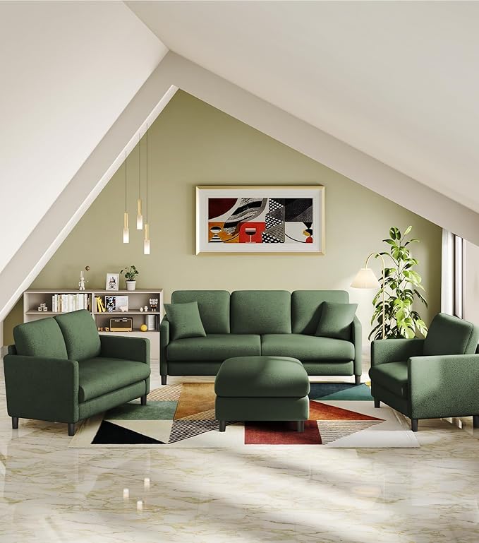 83" Couches for Living Room, Comfy Sofas for Living Room with Storage Ottomans, Teddy Sofa Couch, Tool-Free Loveseat Sofa, All-Wood Love Seat Couches, U Shaped Couch 2 Pillow Included, Green