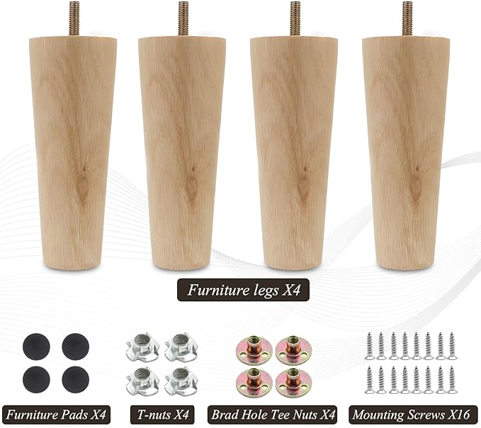 4pcs 6 Inch Wood Furniture Legs, Straight Conical Solid Wood Sofa Legs, Mid-Century Style Furniture Feet for Sofa Cabinet Table Cupboard Couch Ottoman Home DIY Projects