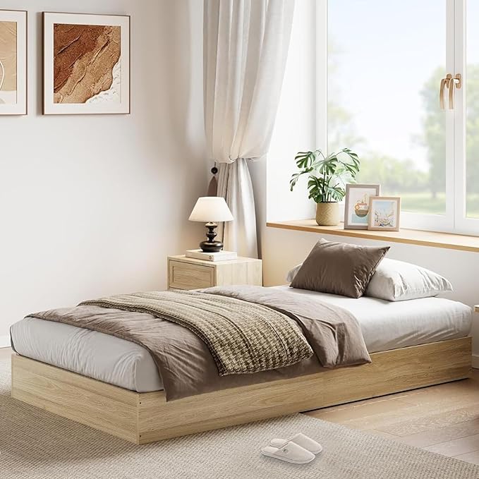 Wood Platform Bed with Sturdy Wooden Slats, Twin Size Floor-Standing Bed Frame, Modern Minimalist Design Space-Saving Bed Frame, No Box Spring Needed, Easy Assembly