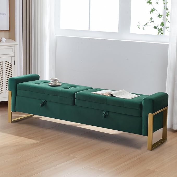 67" Storage Bench for Bedroom King Size, Velvet Upholstered End of Bed Storage Bench with Gold Legs, Double Lids Tufted Storage Ottoman Bench for Living Room,Entryway, Green