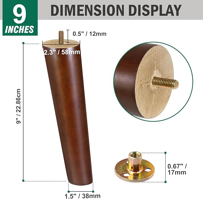 FoDau770 Brown Rubber Wood Furniture Legs 9 Inches, Slant Tapered Wood Feet Mid Century Sofa Legs Set of 4, 5/16" UNC Furniture Feet Replacement Parts for Cabinet Couch Dresser Chair Ottoman Table