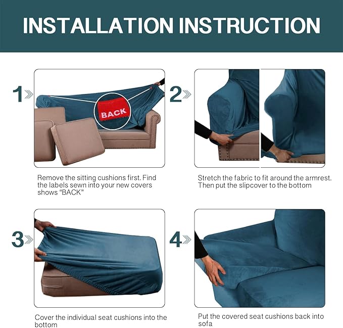 FantasDecor 4 Piece Sofa Velvet Couch Covers for 3 Cushion Stretch Slipcover with Individual Seat Cushion Elastic Furniture Protector for Pets, Machine Washable (Large Sofa, Deep Teal)