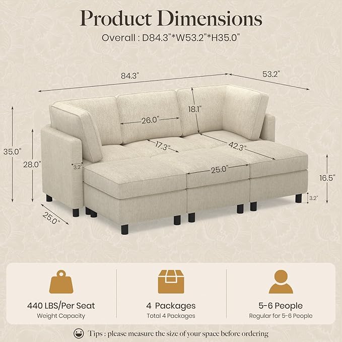 Belffin 84.3" Modular Sectional Sofa 6 Seats Sleeper Sofa Washable Sectional Couches for Living Room Comfy Couches with Storage Seat Couch Sofas with Chaise,Beige