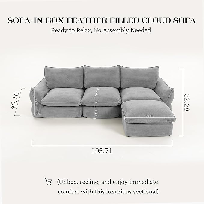 106'' Down Blend L-Shaped Sectional Sofa, Deep Seat Feather-Filled Cushions, Oversized Cloud Couch with Sink-in Comfort, Modern Living Room Sofa – Pebble Gray