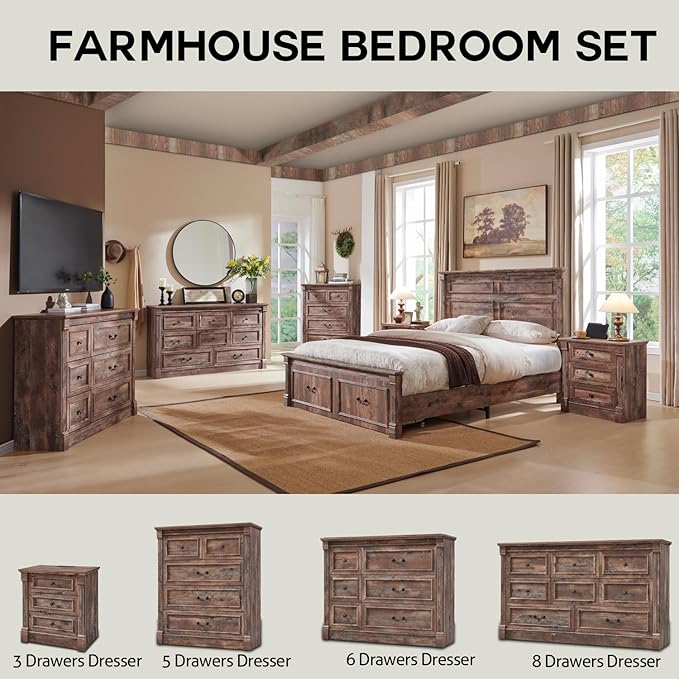 Aitjunz Farmhouse Full Size Bed Frame with 51" Tall Headboard, Wood Platform Bed Frame with 20" Tall Roman Column Decoration Footboard & 2 Large Storage Drawers, No Box Spring Needed (Light Brown)