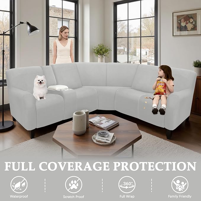 Waterproof Reclining Sectional Couch Covers Washable L Shaped Couch Cover for Sectionals Recliner Sofa Covers Stretch Corner Recliner Slipcovers(5 Seater 1 Console Cover, Silver Gray)
