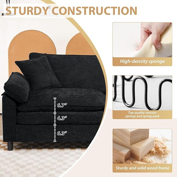 Oversized Modular Sectional Sofa, 80 Inch U Shaped Cloud Couch Set, 2-Seat Comfy Convertible Sofa with 2 Movable Ottoman, DIY Combination Sleeper Couch for Living Room(Chenille, Black)