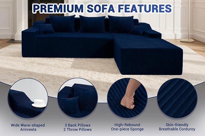 HABUTWAY 101'' Modular Sectional Sofa Cloud Couch with Deep Seat, Modern L-Shaped Convertible Couches Upholstered Couch with Chaise for Living Room Bedroom(Blue, Right-Facing Chaise)
