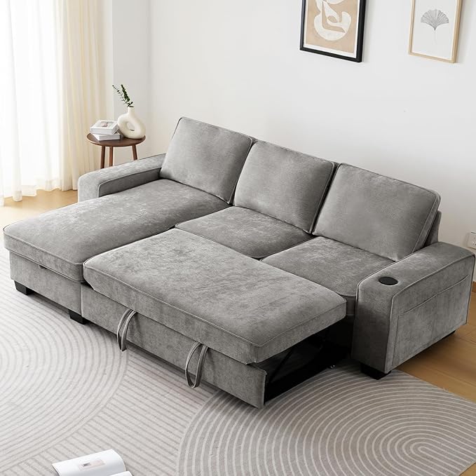 ASHOMELI 99" Convertible Sleeper Sofa Bed,L Shaped with Storage Chaise Pull Out Couch for Living Room,USB and Type-C,Removable Washable Chenille Covers (Gray)