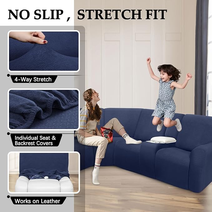 Waterproof Reclining Sectional Couch Covers Washable L Shaped Couch Cover for Sectionals Recliner Sofa Covers Stretch Corner Recliner Slipcovers(5 Seater 2 Console Cover, Navy Blue)