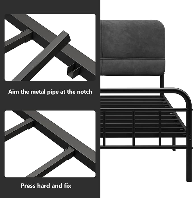 14Inch Metal Bed Frame,Twin Size Bed Frame with Upholstered Headboard,Heavy Duty Sturdy Mattress Foundation,Easy Assembly,No Box Spring Needed,Grey-Twin