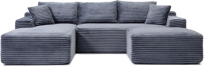 108" Cloud Sectional Couch,Modern Modular Sectional Sofa with Deep Seat,Corduroy Boneless Couches with L-Shape Chaise for Living Room,No Assembly Required (Grey, Right Facing Chaise + Ottoman)