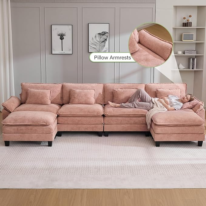 154" Modular Sectional Sofa, Comfy Cloud Couch Sectional Sofa with Ottoman, Chenille Sofa Sleeper Deep Seat Sofa with Throw Pillows for Living Room (Pink, 154"- U Shape)