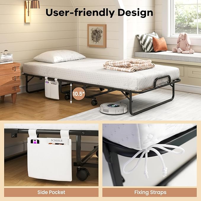 Giantex Twin Folding Bed with 5 Inch Mattress, Rollaway Guest Bed with Top Pillow, Storage Pocket & Metal Frame, Space-Saving Fold up Beds, Portable Roll Away Beds for Adults, 75" x 39"