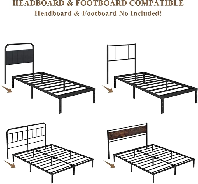 HOBINCHE 12 Inch Twin XL Size Bed Frame - No Box Spring Needed Heavy Duty Metal Platform Mattress Foundation with Steel Slats, Non-Slip Noise Free Easy Assembly Black Bedframes