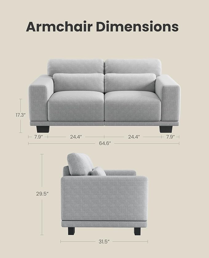 Amada 65" Loveseat Sofa, 2 Seater Couch Sofa for Living Room, Modern Sofa with Wide Armrests & Deep Seats, Comfy Couch with Removable Washable Covers & Linen Fabric, Easy Assembly (Grey, 2 Seater)