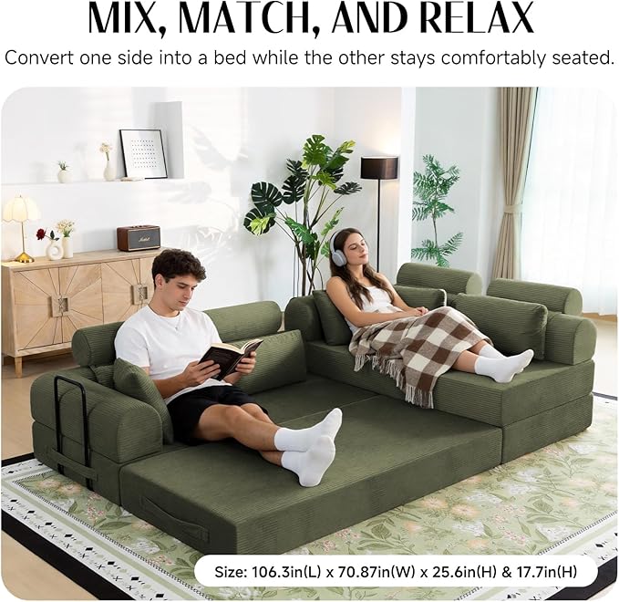 106" L-Shaped Modular Boneless Couch, 2-Piece System (2×70.87"), Convertible Sectional to 141.7" Straight Sofa, Corduroy Couch in a Box, Headrest & Back Pillows for Living Room, Olive Green