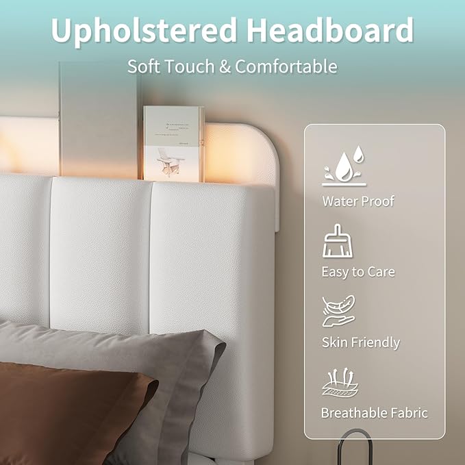 BarnFurin Queen Bed Frame with LED Lights, Upholstered Bed Frame Queen Size with Storage Headboard, Modern Platform Design Noise-Free, No Box Spring Needed, Easy Assembly, White
