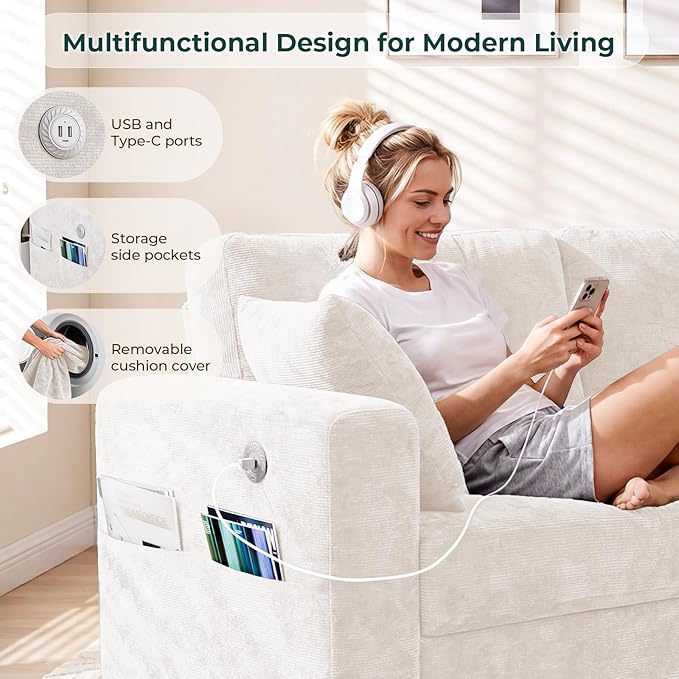 70" Loveseat Sofa for Living Room, Modern Chenille Cloud Couch with USB/Type-C Charging Ports, Side Pockets, Removable Cover, Wide Armrests, Small Couch for Small Space, Easy Assembly, Beige