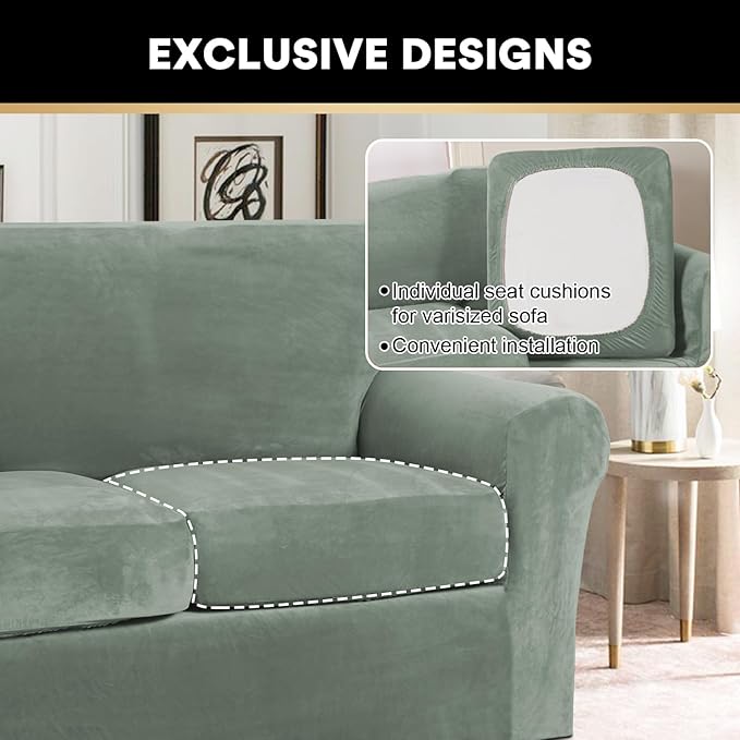 PrinceDeco Velvet Couch Cover Loveseat Covers for 2 Cushion Couch 3 Piece Sofa Covers for Dogs Washable Loveseat Covers Width Up to 72 Inch No Slip Stretch Sofa Slipcover(Medium, Seagrass)